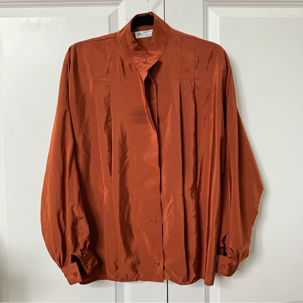 Vintage Kay Silver 80s Rust Orange Button-Up Dolman Batwing Sleeve Blouse